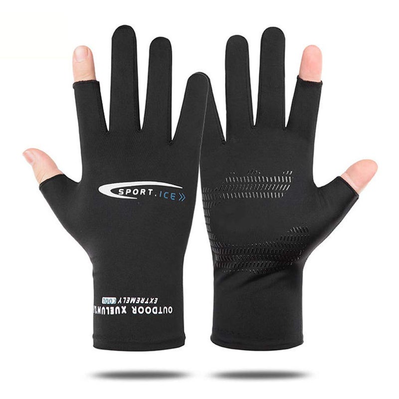 Holiberty Lightweight Silk Summer Gloves Non-Slip Outdoor Sports Driving Cycling Gloves Winter Warm Running Glove Liner Sun UV Protection Fishing Gloves for Women Men (Black, 2/5 Fingerless) - Image 1
